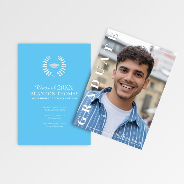 Convites Modern Vertical Name Graduation Photo Announcement (Modern graduation card with vertical name text and full photo layout)