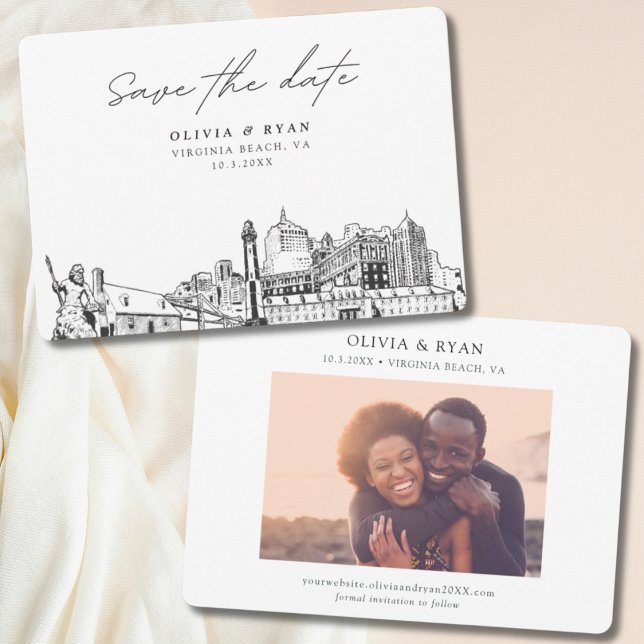 Convites Modern Virginia Beach Wedding Salve a Data (Modern Virginia Beach Wedding Save the Date Invitation with Engagement Photo)