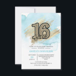 Convites Modern Watercolor Azul Dourado Sweet 16 Dezesseis<br><div class="desc">*** CARDS são 3, 5"x5", clique em "TAMANHO" para tamanhos maiores *** Envie 16 convites para seus convidados, modernos, mas elegantes. Cor de água azul clara e pastel sobre fundo branco. Traço de pincel em ouro inverso com 16 em falso brilho !placas editáveis - personalize-as adicionando seu texto. Perfeito para...</div>