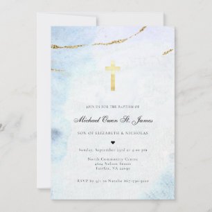 Convites Modern Watercolor   Batismo Azul e Dourado