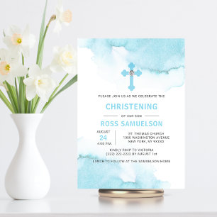 Convites Modern Watercolor Blue BOY Baptism Christening Inv