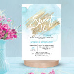 Convites Modern Watercolor Blue Sweet 16 Dezesseis 3,5x5"<br><div class="desc">*** CARDS são 3, 5"x5", clique em "TAMANHO" para tamanhos MAIORES *** Envie estes 16 doces, modernos e elegantes convites aos seus convidados. Cor de água azul clara pastel em fundo branco. Traço de pincel de ouro com 16 em brilho falso! Cartões editáveis - personalize-os adicionando seu texto. Perfeito para...</div>