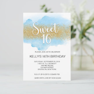 Convites Modern Watercolor Blue Sweet 16 Sixteen