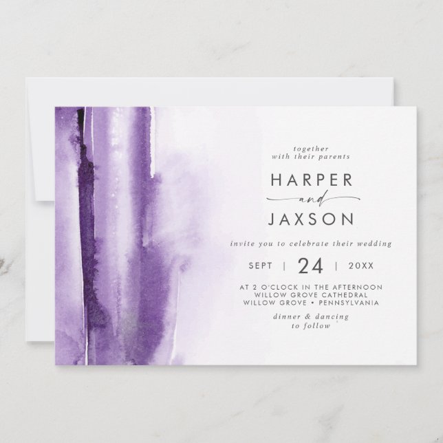 Convites Modern Watercolor | Casamento Horizontal Roxo (Frente)