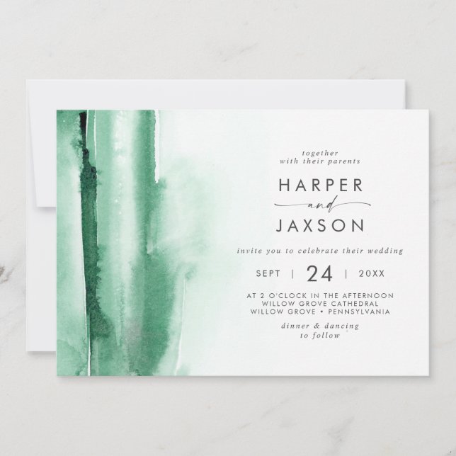 Convites Modern Watercolor | Casamento Horizontal Verde (Frente)