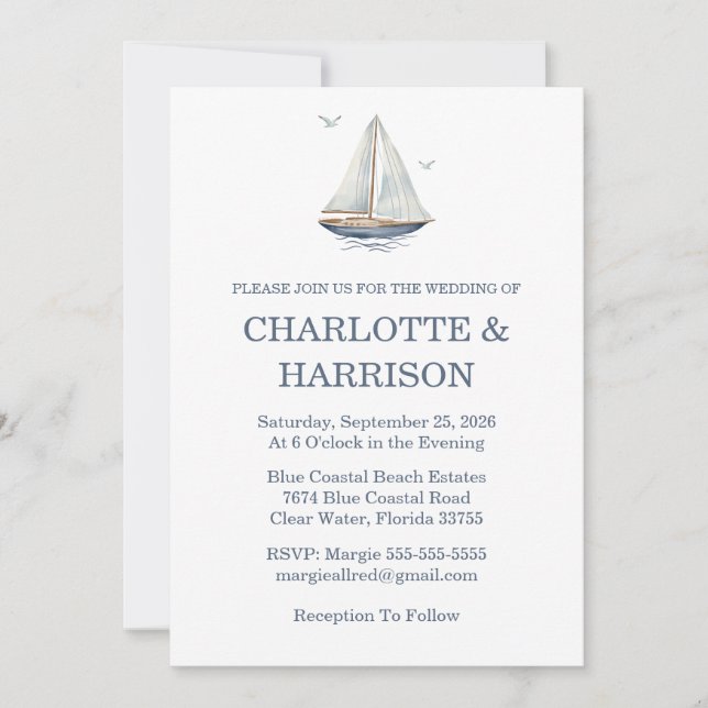 Convites Modern Watercolor Coastal Seascape Wedding (Frente)
