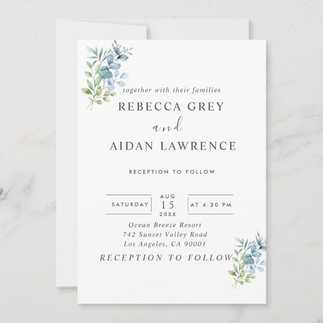 Convites Modern Watercolor Eucalyptus Greenery Wedding (Frente)