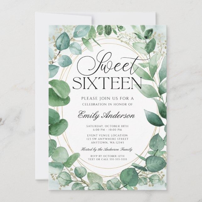 Convites Modern Watercolor Eucalyptus Sweet 16 (Frente)
