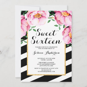 Convites Modern Watercolor Floral Stripes Sweet 16