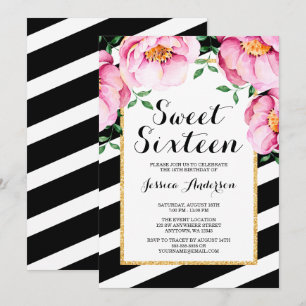 Convites Modern Watercolor Floral Stripes Sweet 16