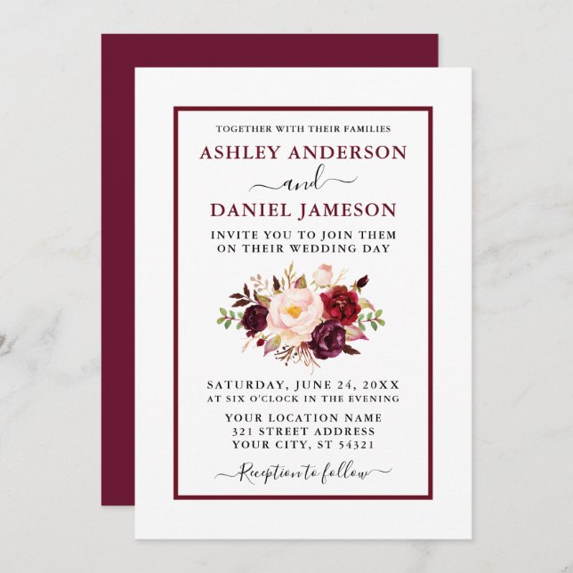 Convites Modern Watercolor Floral Wedding Burgundy (Frente/Verso)
