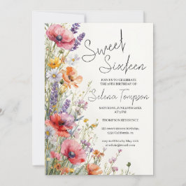 Convites Modern Watercolor Flores Selvagens Sweet 16 Invite