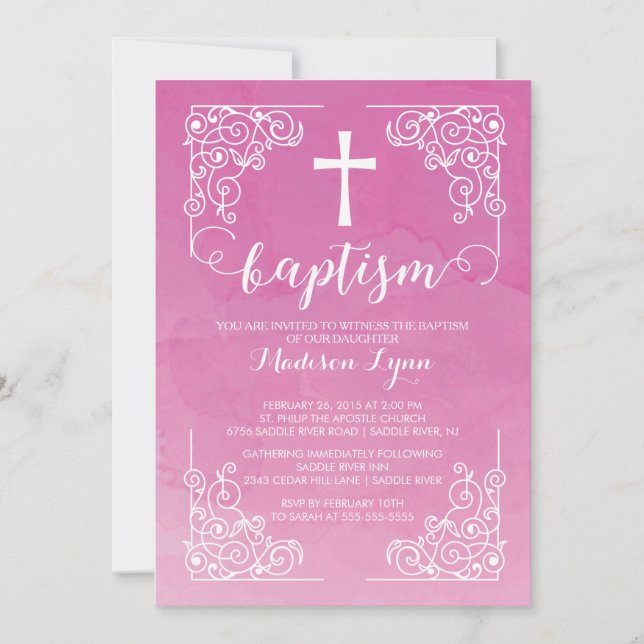 Convites Modern Watercolor Girls Baptism Christening Cross (Frente)