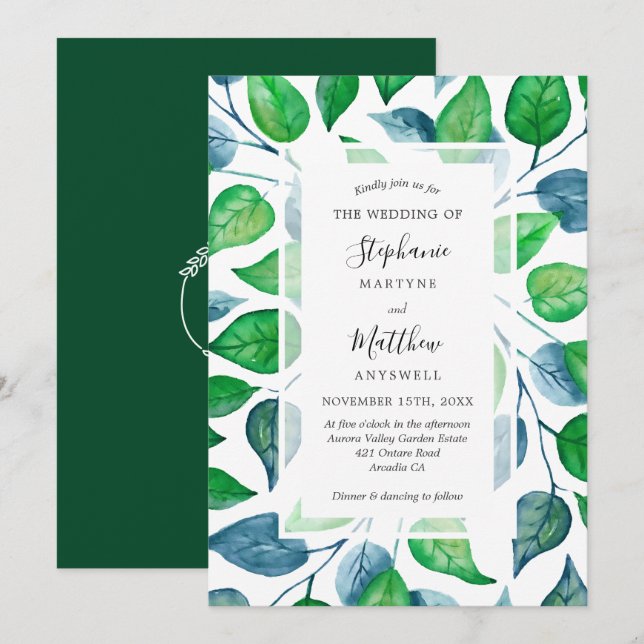 Convites Modern Watercolor Greenery Deixa Casamento Foliar (Frente/Verso)