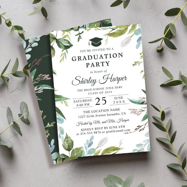 Convites Modern Watercolor Greenery Festa de formatura Flor (Criador carregado)