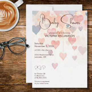 Convites Modern Watercolor Hearts Baby Shower 