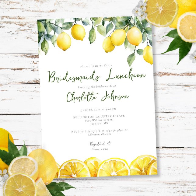 Convites Modern Watercolor Lemon Bridesmaids Luncheids (Modern Watercolor Lemon Bridesmaids Luncheon Invitation)