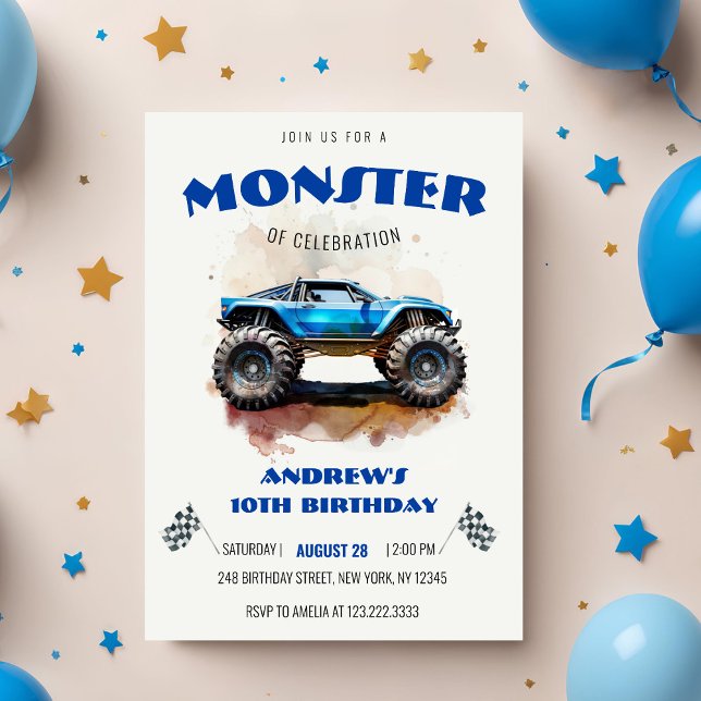 Convites Modern Watercolor Monster Truck Blue Boy Birthday  (Criador carregado)