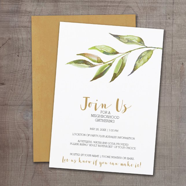 Convites Modern Watercolor Neighhood Cocktail Party gold (Open House Party Invitation - General Design with a Modern watercolor leaf)