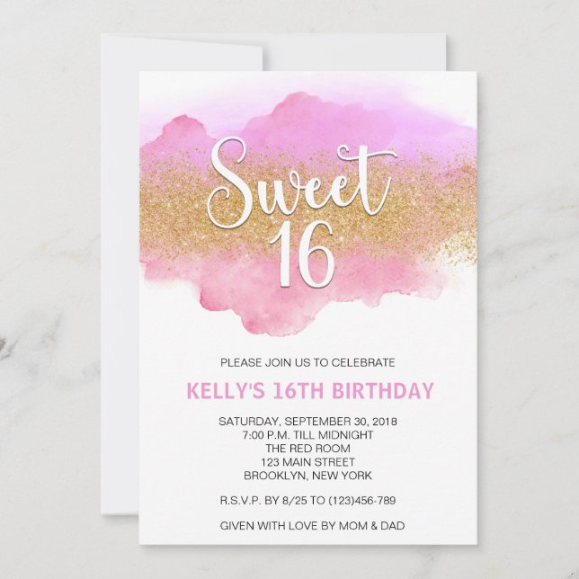 Convites Modern Watercolor Pink Sweet 16 Sixteen (Frente)