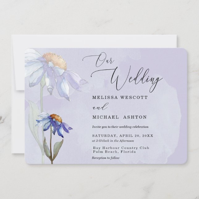 Convites Modern Watercolor Purple Gerbera Daisy Wedding (Frente)