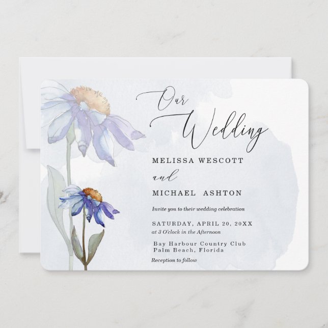 Convites Modern Watercolor Purple Gerbera Daisy Wedding (Frente)