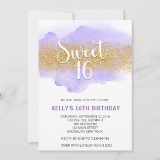 Convites Modern Watercolor Purple Sweet 16 Sixteen