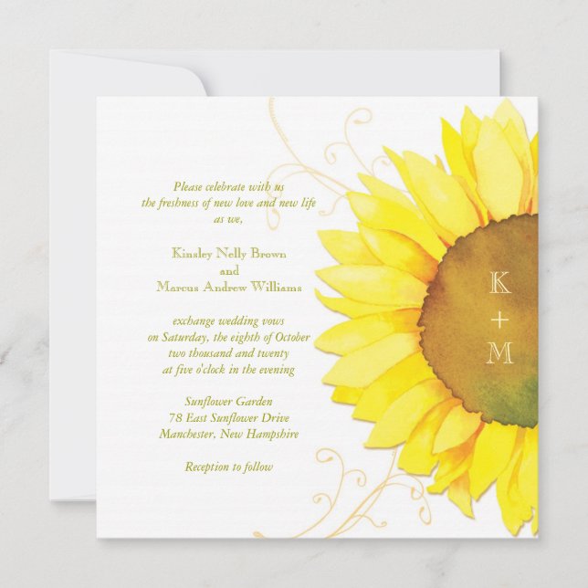Convites Modern Watercolor Sunflower Themed Weding (Frente)