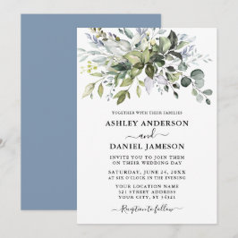 Convites Modern Watercolor Verde Casamento Dusty Azul