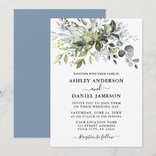 Convites Modern Watercolor Verde Casamento Dusty Azul