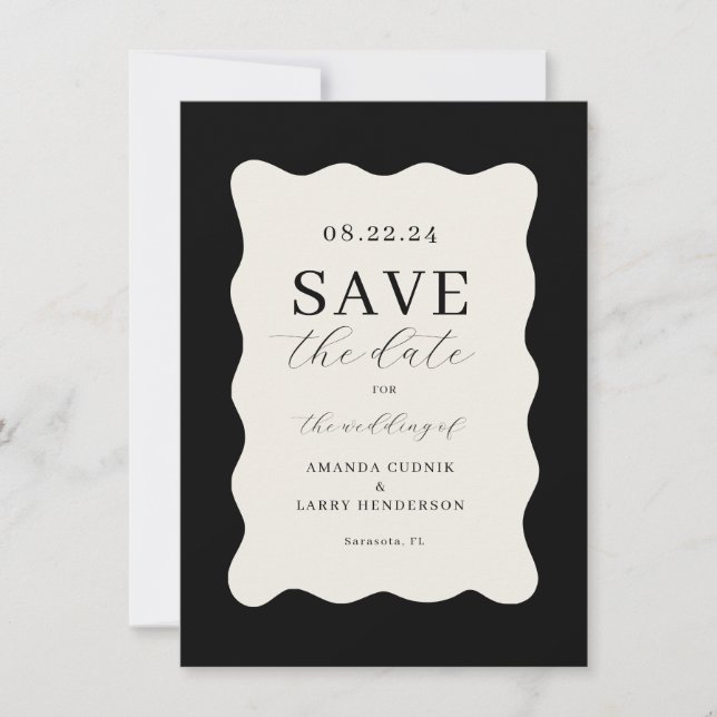 Convites Modern Wavy Black and Cream Weding Save The Date ( (Frente)