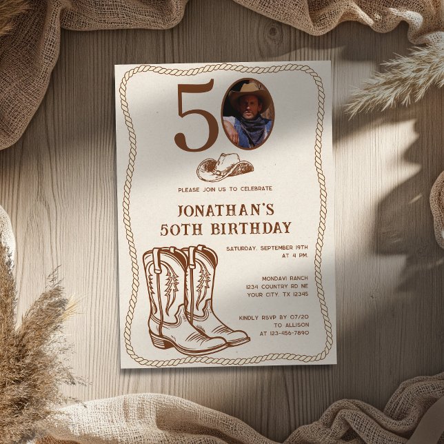 Convites Modern Western Cowboy Boots 40 50 Photo Birthday (Criador carregado)