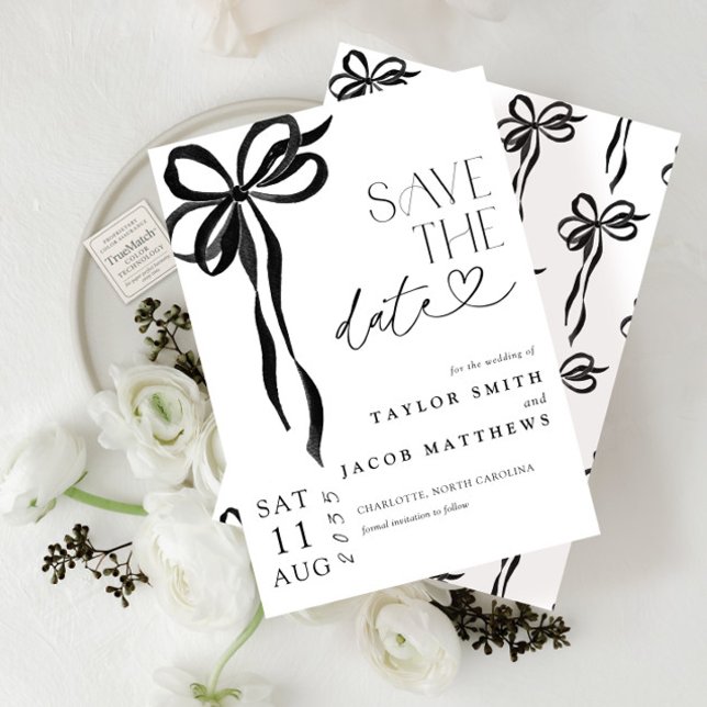 Convites Modern Whimsical Black Bow Script Save the Date (Criador carregado)