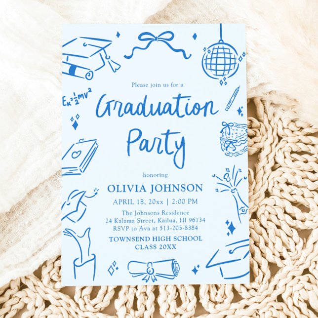 Convites Modern Whimsical Hand Drawn Blue Graduation Party (Modern Whimsical Hand Drawn Blue Graduation Party Invitation)