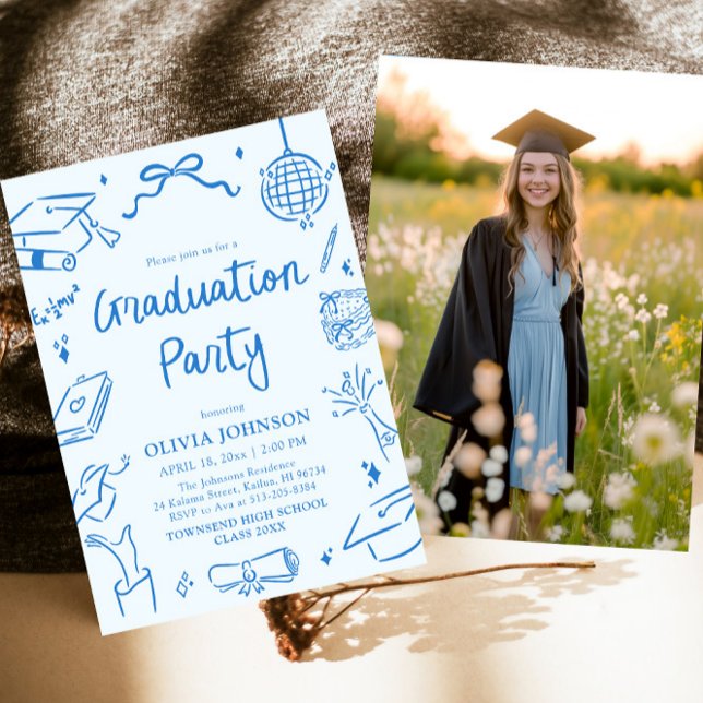 Convites Modern Whimsical Hand Drawn Blue Graduation Party (Modern Whimsical Hand Drawn Blue Graduation Party Invitation)
