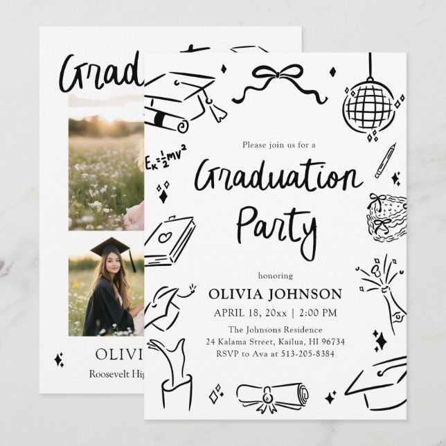 Convites Modern Whimsical Hand Drawn Bow Graduation Party  (Frente/Verso)