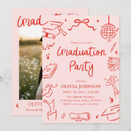 Convites Modern Whimsical Hand Drawn Bow Graduation Party