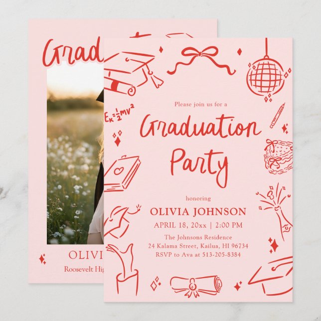 Convites Modern Whimsical Hand Drawn Bow Graduation Party (Frente/Verso)