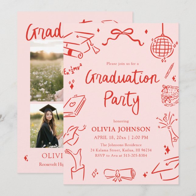 Convites Modern Whimsical Hand Drawn Bow Graduation Party (Frente/Verso)