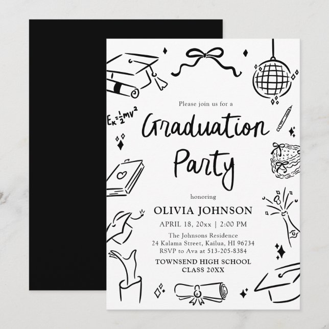 Convites Modern Whimsical Hand Drawn Bow Graduation Party (Frente/Verso)