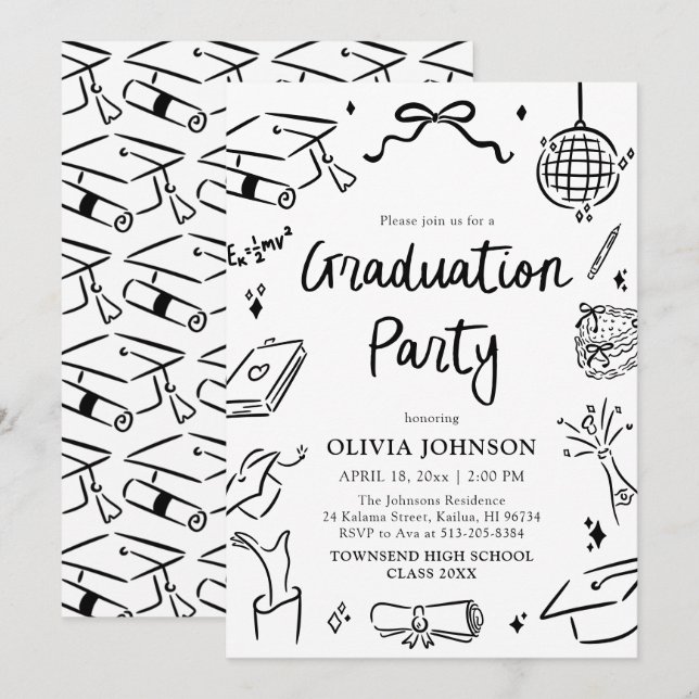 Convites Modern Whimsical Hand Drawn Bow Graduation Party (Frente/Verso)