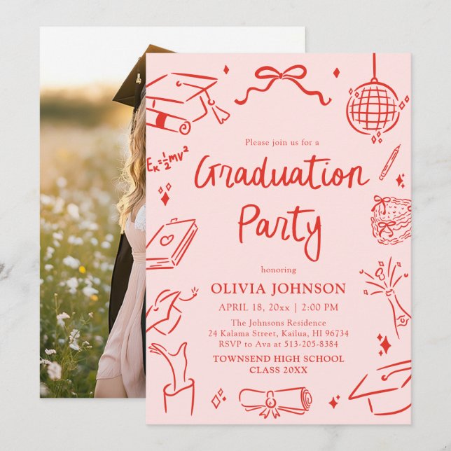 Convites Modern Whimsical Hand Drawn Bow Graduation Party (Frente/Verso)