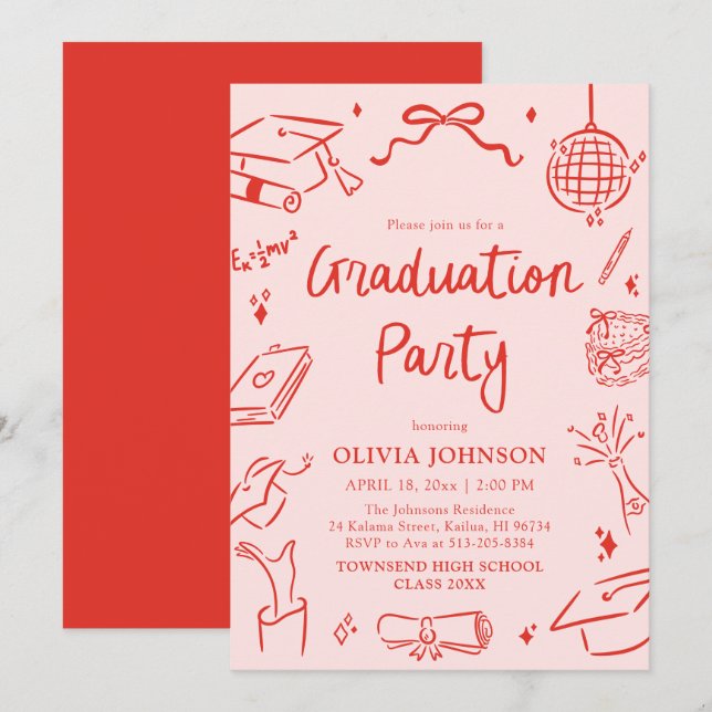 Convites Modern Whimsical Hand Drawn Bow Graduation Party (Frente/Verso)