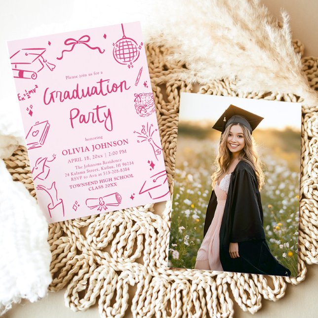 Convites Modern Whimsical Hand Drawn Pink Graduation Party (Modern Whimsical Hand Drawn Pink Graduation Party Invitation)