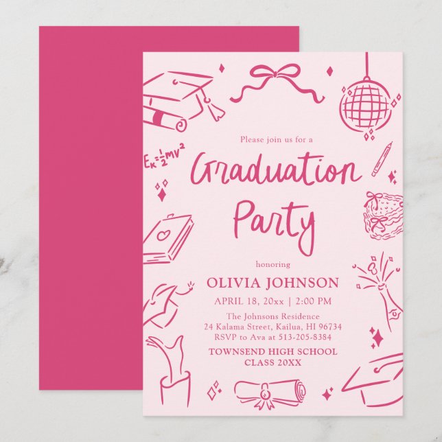 Convites Modern Whimsical Hand Drawn Pink Graduation Party (Frente/Verso)