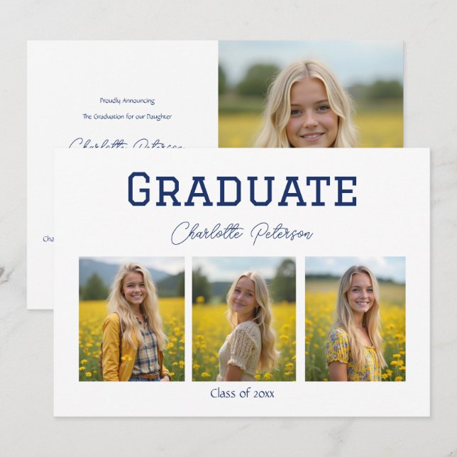 Convites Modern White and Blue Photo Grad Announcement (Frente/Verso)
