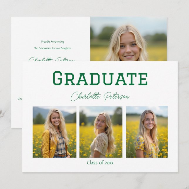 Convites Modern White and Green Photo Grad Announcement (Frente/Verso)