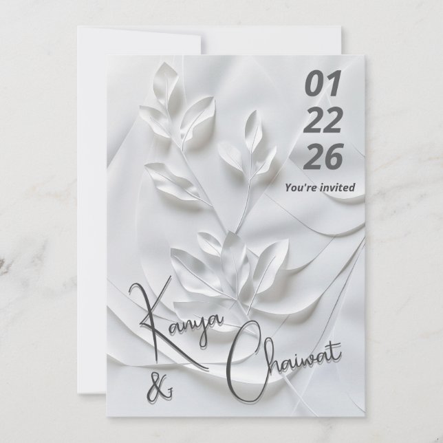 Convites Modern White & Beige Wedding Invitation – Botanica (Frente)