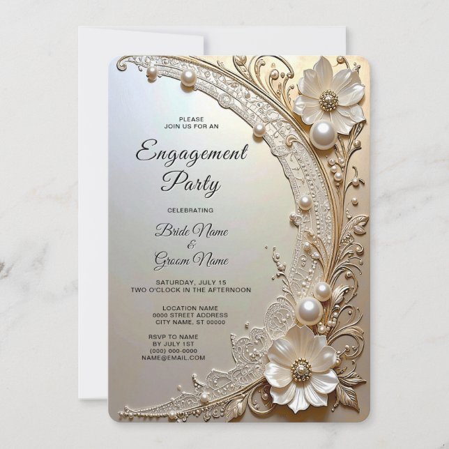 Convites Modern White Flowers Pearls Engagement Invitation (Frente)
