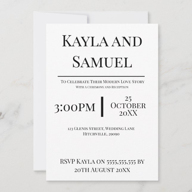 Convites Modern White Wedding Invitation with Black Text (Frente)